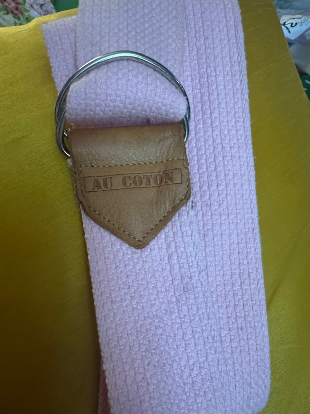 Pink Cotton D-Ring Belt with Tan Leather Trim
